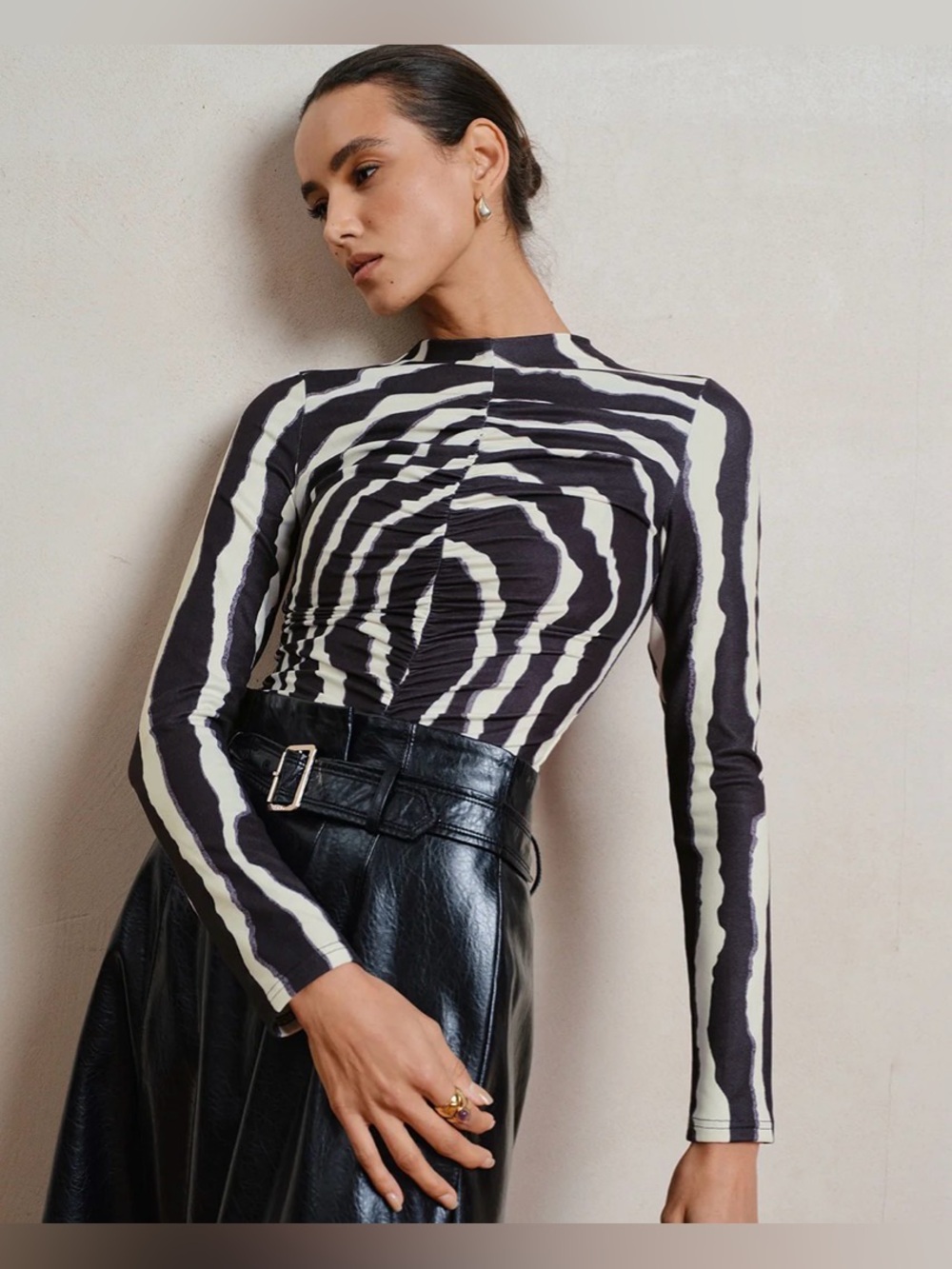 Commense Zebra Print Abstract Ruched Long-Sleeve Top